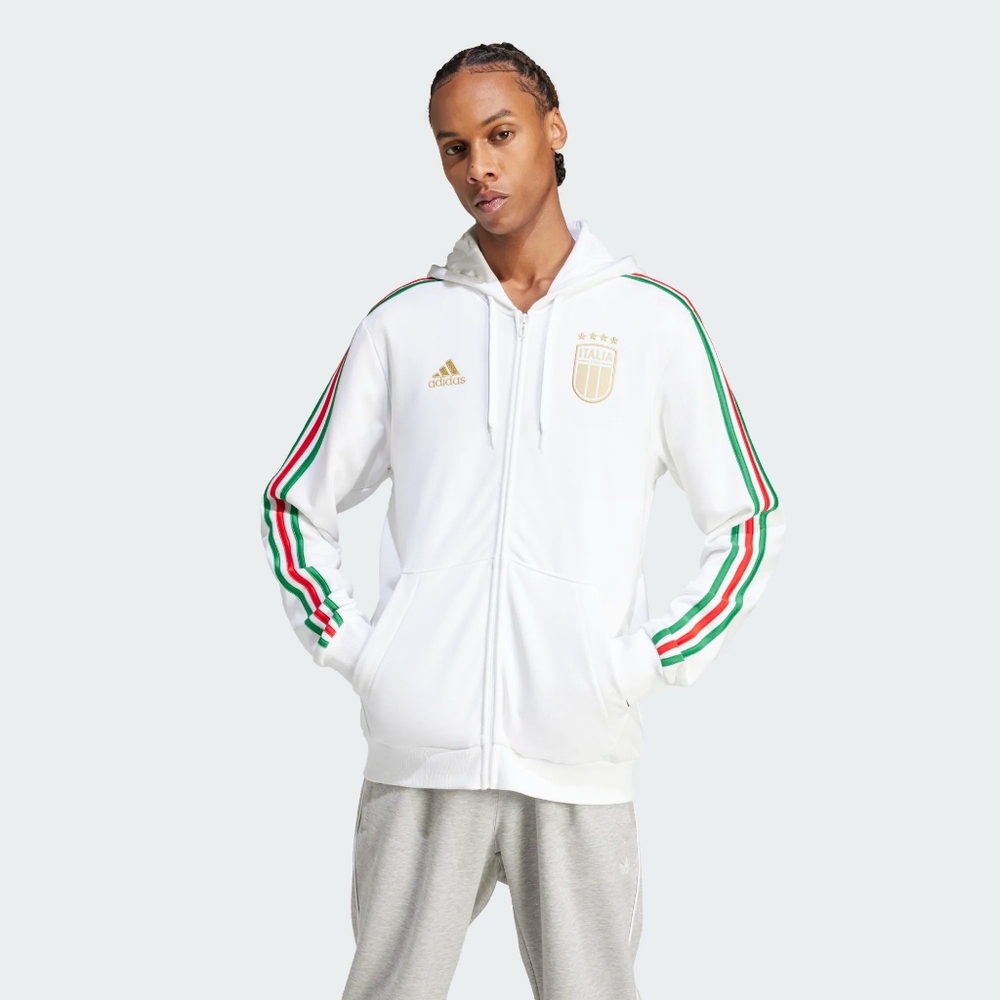Adidas Men's Italy FIGC Soccer DNA Full-Zip Hoodie White Gold Stripe NWT Small